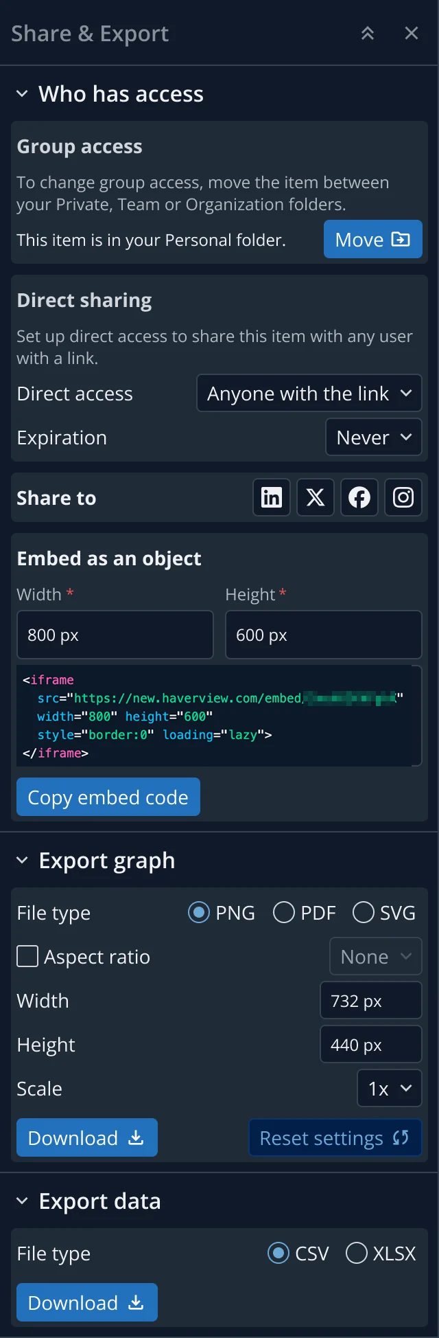The Share and Export panel: group access, a direct link with an expiry, an embed snippet, then the graph as PNG, PDF or SVG and the data as CSV or XLSX